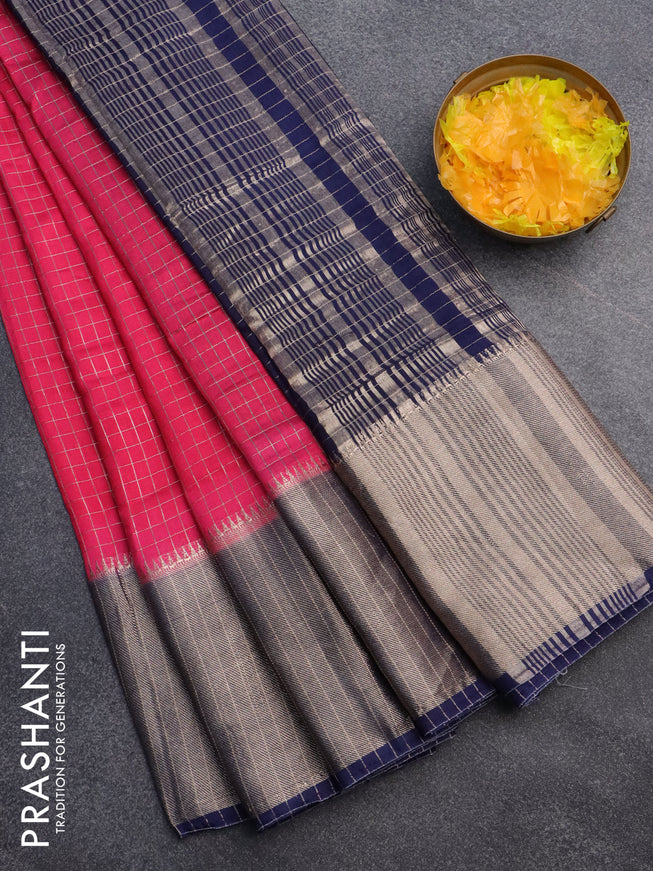 Semi crepe saree candy pink and blue with allover small zari checked pattern and long zari woven border