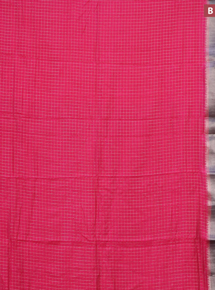 Semi crepe saree candy pink and blue with allover small zari checked pattern and long zari woven border