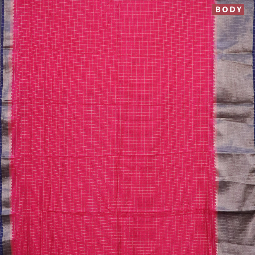 Semi crepe saree candy pink and blue with allover small zari checked pattern and long zari woven border