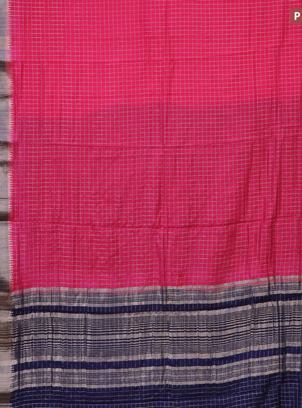 Semi crepe saree candy pink and blue with allover small zari checked pattern and long zari woven border