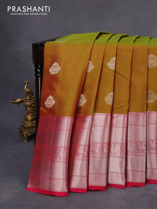 Roopam silk saree dual shade of green and pink with silver zari woven buttas and long silver zari woven border