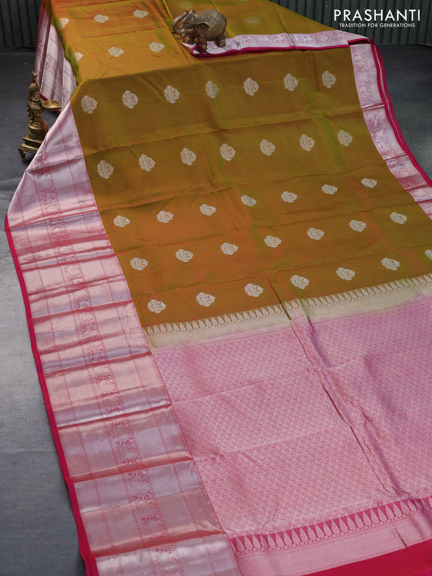 Roopam silk saree dual shade of green and pink with silver zari woven buttas and long silver zari woven border