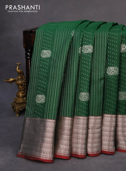 Roopam silk saree green and maroon with allover silver zari weaves and silver zari woven border