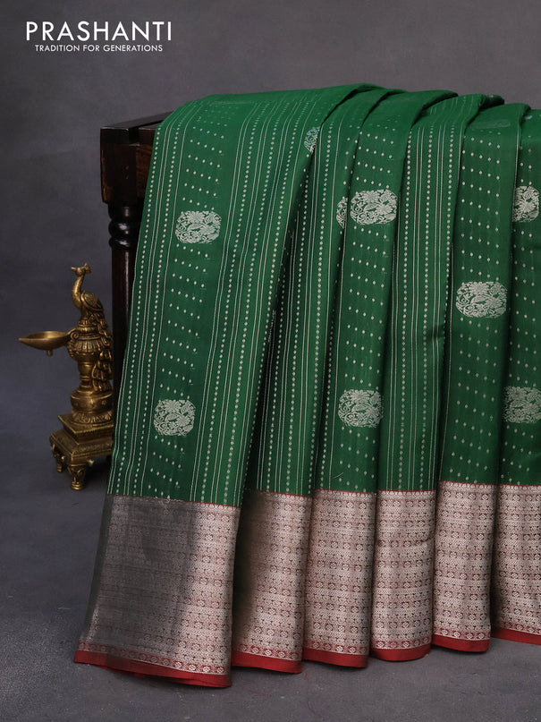 Roopam silk saree green and maroon with allover silver zari weaves and silver zari woven border