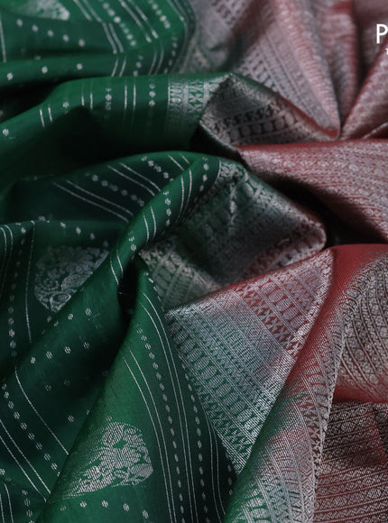 Roopam silk saree green and maroon with allover silver zari weaves and silver zari woven border