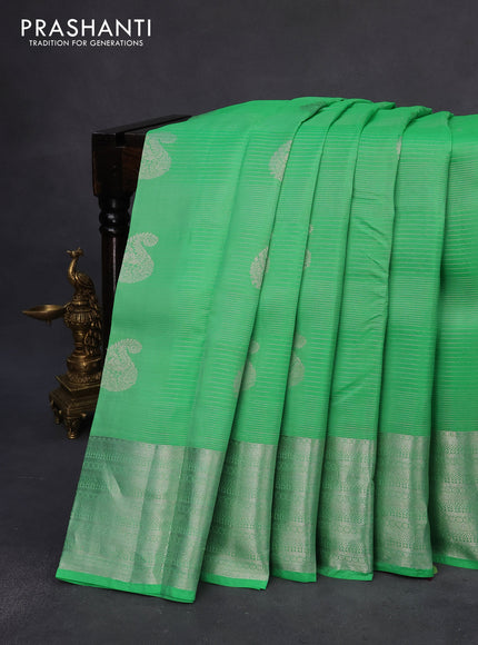 Roopam silk saree light green and purple with allover silver zari stripes pattern & buttas and silver zari woven border