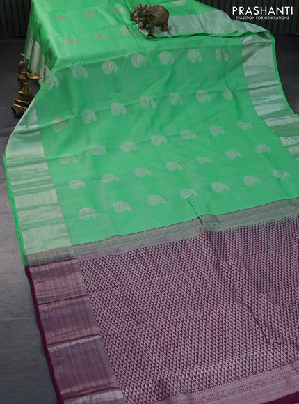 Roopam silk saree light green and purple with allover silver zari stripes pattern & buttas and silver zari woven border