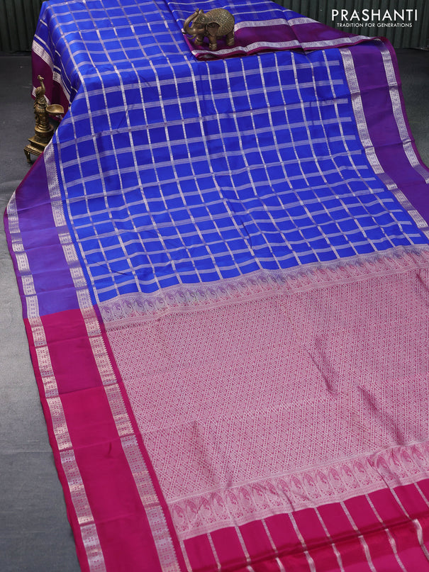 Roopam silk saree blue and pink with allover silver zari checks and rettapet silver zari woven border