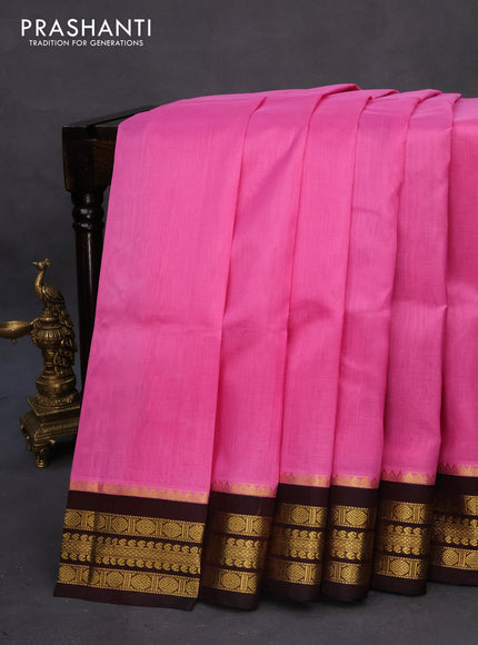 Kuppadam silk cotton saree light pink and deep coffee brown with plain body and zari woven border