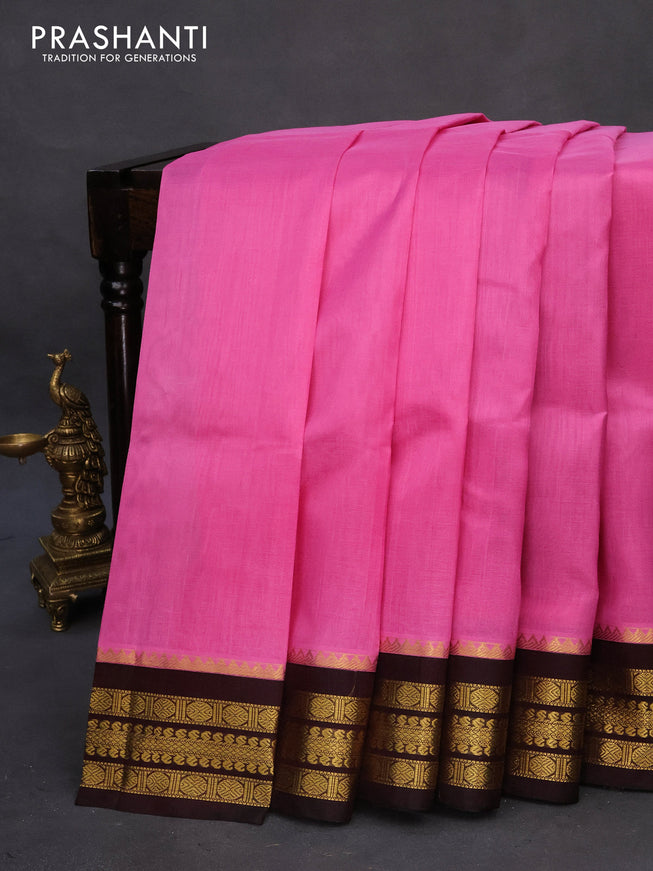 Kuppadam silk cotton saree light pink and deep coffee brown with plain body and zari woven border