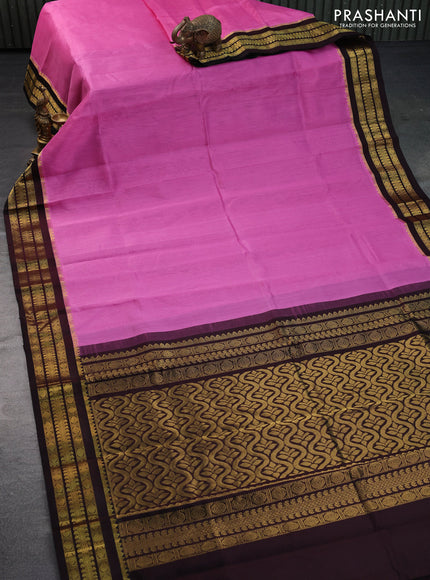 Kuppadam silk cotton saree light pink and deep coffee brown with plain body and zari woven border