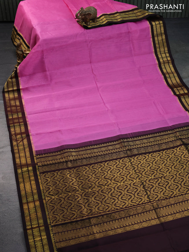 Kuppadam silk cotton saree light pink and deep coffee brown with plain body and zari woven border