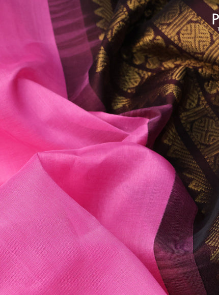 Kuppadam silk cotton saree light pink and deep coffee brown with plain body and zari woven border