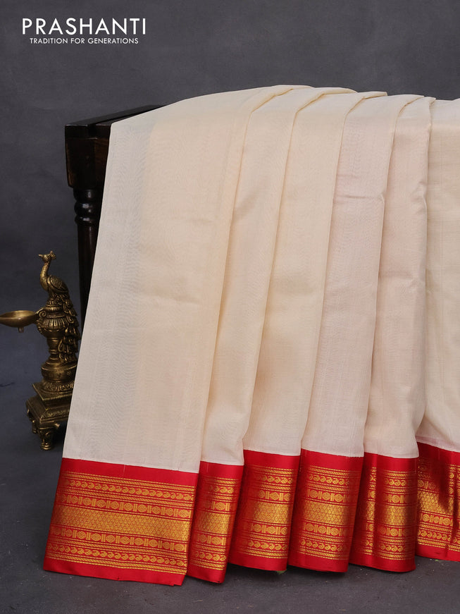 Kuppadam silk cotton saree off white and red with plain body and zari woven border