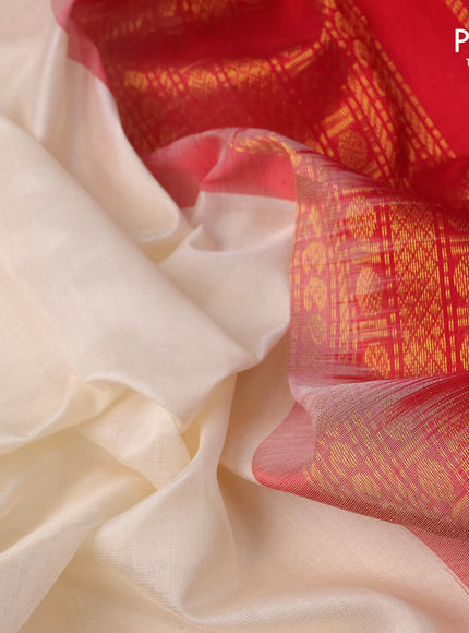 Kuppadam silk cotton saree off white and red with plain body and zari woven border