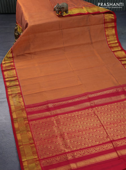 Kuppadam silk cotton saree rust shade and red with plain body and zari woven border