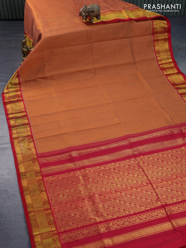 Kuppadam silk cotton saree rust shade and red with plain body and zari woven border