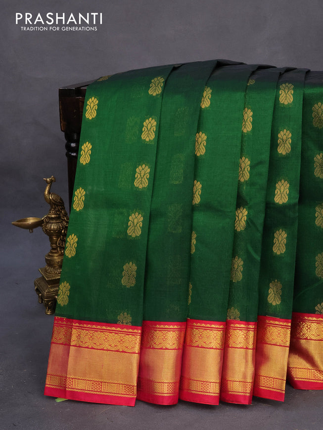 Kuppadam silk cotton saree dark green and pink with zari woven buttas and zari woven border