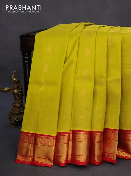 Kuppadam silk cotton saree lime yellow and red with annam & paisley zari woven buttas and zari woven border