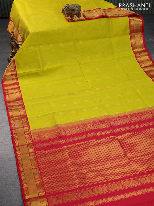 Kuppadam silk cotton saree lime yellow and red with annam & paisley zari woven buttas and zari woven border