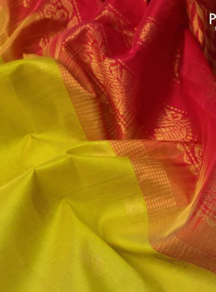 Kuppadam silk cotton saree lime yellow and red with annam & paisley zari woven buttas and zari woven border