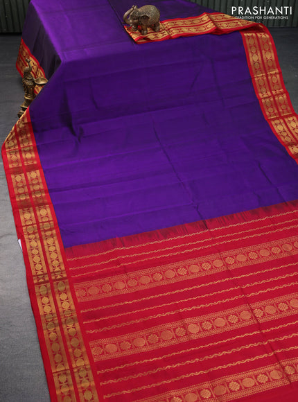 Kuppadam silk cotton saree violet and red with plain body and zari woven border