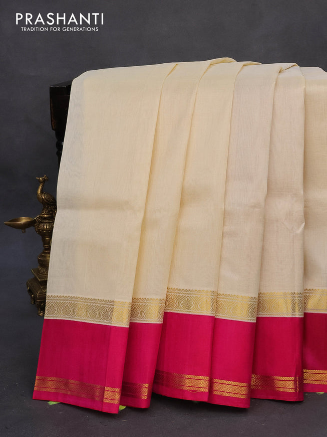 Kuppadam silk cotton saree cream and pink with plain body and rettapet zari woven border