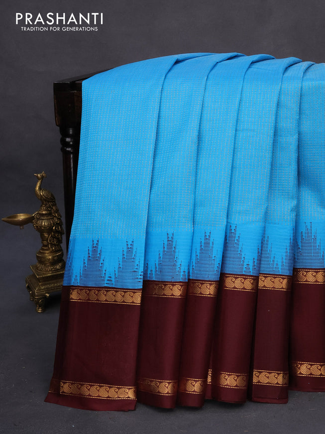 Kuppadam silk cotton saree blue and deep maroon with allover zari checks & buttas and temple design zari woven butta border