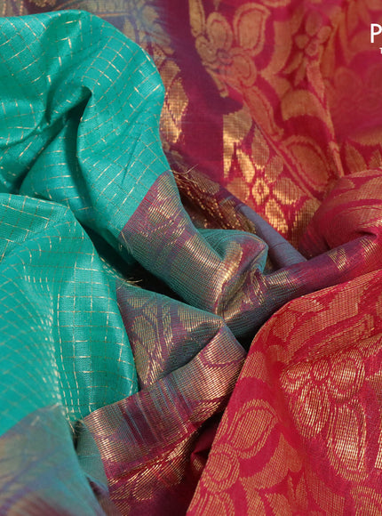 Kuppadam silk cotton saree teal blue and maroon with allover zari checked pattern and peacock design zari woven border