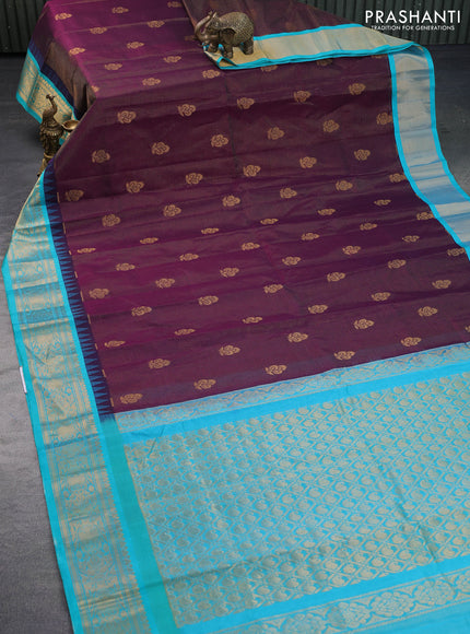 Kuppadam silk cotton saree dark purple and teal blue with allover zari weaves & buttas and temple design zari woven border