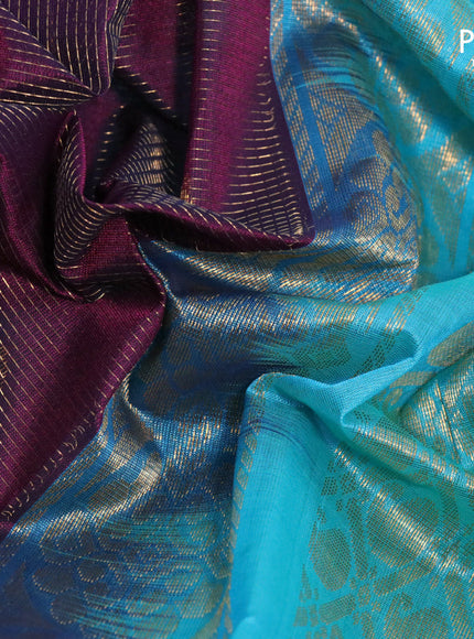 Kuppadam silk cotton saree dark purple and teal blue with allover zari weaves & buttas and temple design zari woven border