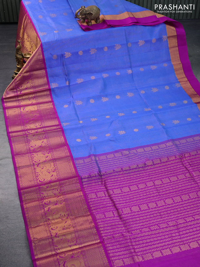 Kuppadam silk cotton saree blue and purple with allover zari weaves & buttas and long annam zari woven border