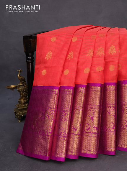 Kuppadam silk cotton saree orange and purple with allover zari weaves & buttas and long annam zari woven border