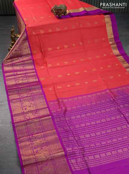 Kuppadam silk cotton saree orange and purple with allover zari weaves & buttas and long annam zari woven border