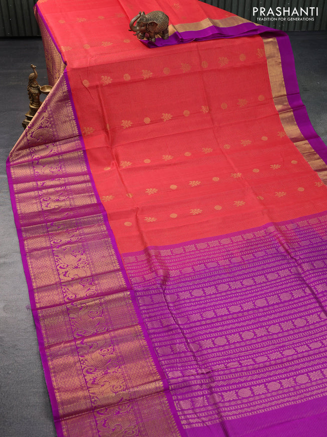 Kuppadam silk cotton saree orange and purple with allover zari weaves & buttas and long annam zari woven border