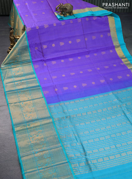 Kuppadam silk cotton saree blue and teal blue with allover zari weaves & buttas and long annam zari woven border