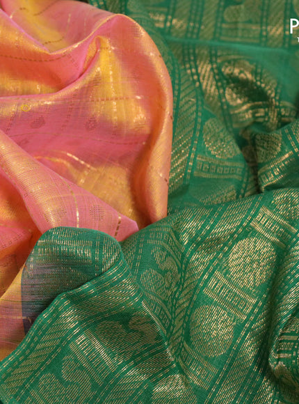 Kuppadam silk cotton saree dual shade of pinkish yelllow and green with allover zari checks & buttas and long zari woven border