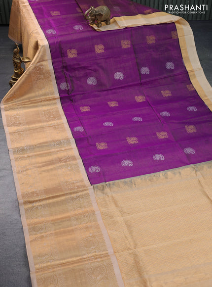 Kuppadam silk cotton saree purple and sandal with allover zari weaves & buttas and long zari woven border