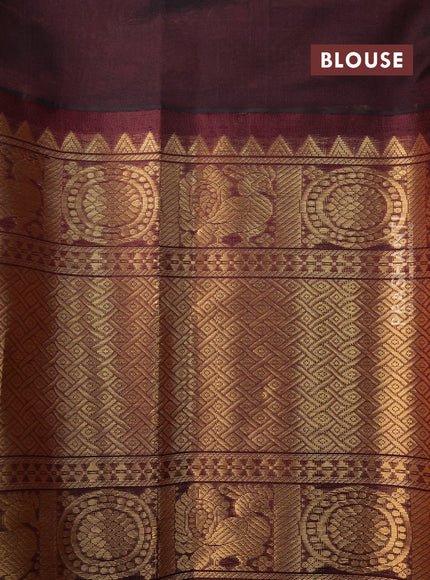 Kuppadam silk cotton saree dual shade of light pinkish yelllow and deep coffee brown with allover zari weaves & buttas and long zari woven border