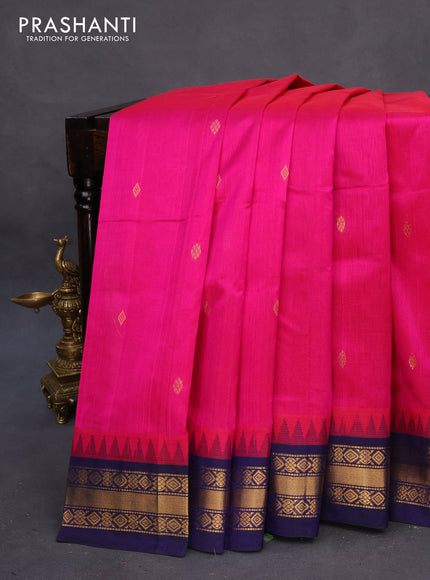 Silk cotton saree pink and dark blue with zari woven buttas and temple design zari woven korvai border