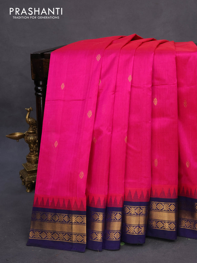 Silk cotton saree pink and dark blue with zari woven buttas and temple design zari woven korvai border