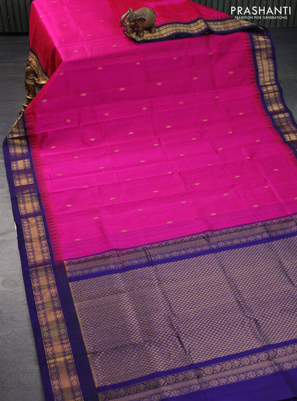 Silk cotton saree pink and dark blue with zari woven buttas and temple design zari woven korvai border