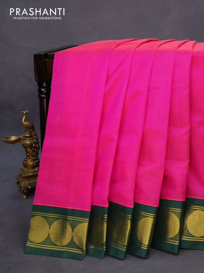 Silk cotton saree dual shade of pink and green with plain body and rudhraksha zari woven korvai border