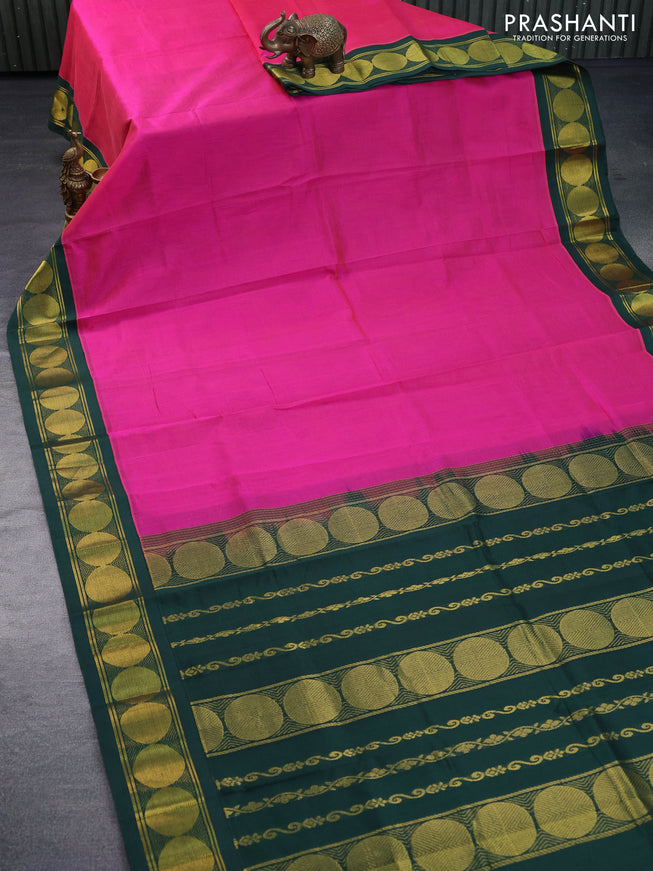 Silk cotton saree dual shade of pink and green with plain body and rudhraksha zari woven korvai border