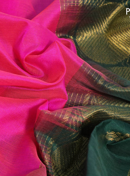 Silk cotton saree dual shade of pink and green with plain body and rudhraksha zari woven korvai border