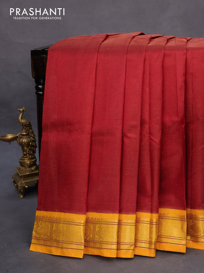 Silk cotton saree maroon and mango yellow with allover vairaosi pattern and annam zari woven korvai border