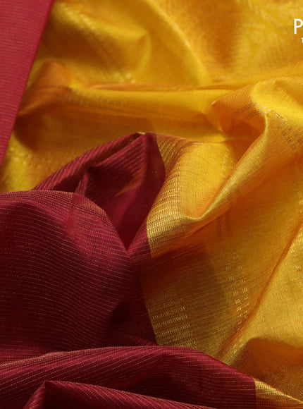 Silk cotton saree maroon and mango yellow with allover vairaosi pattern and annam zari woven korvai border