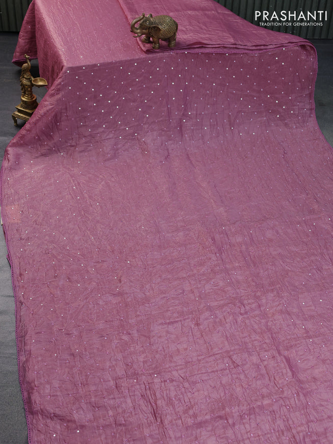 Crushed saree pastel pink and red with allover mirror embroidery work buttas and crocia lace work border