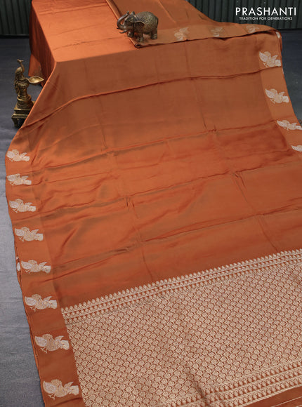 Mushru silk saree dark mustard with plain body and zari woven butta border