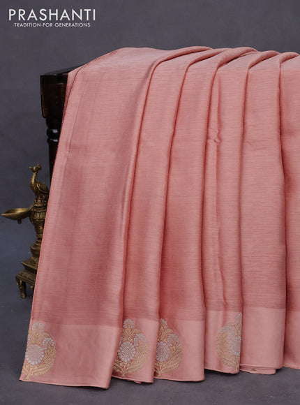 Mushru silk saree peach shade with allover self emboss and zari woven butta border